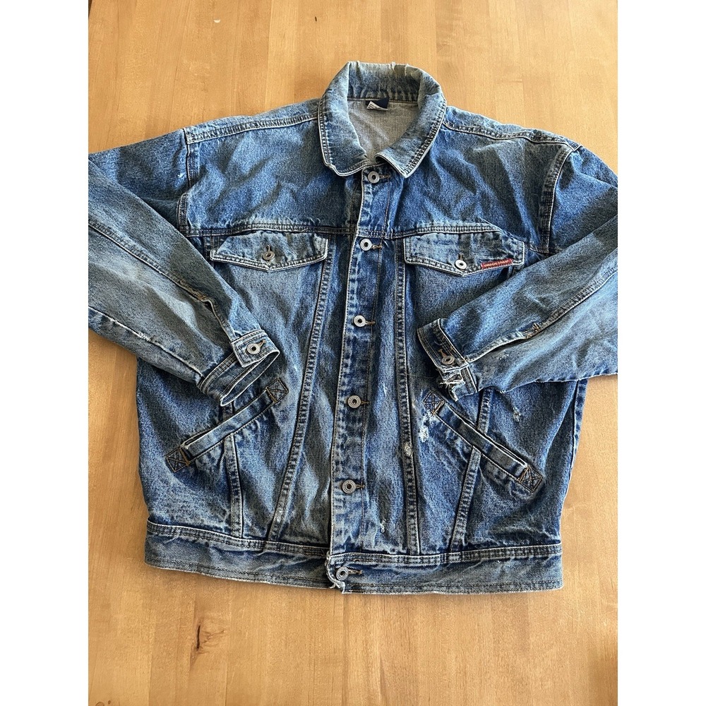 Vintage Jordache Jean Jacket Mens Large Denim‎ Trucker Blue 90's Distressed